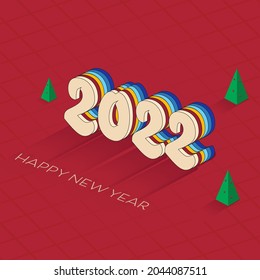 Texto 3D Colorido De Capa 2022 Con Árboles De Navidad En Fondo Rojo Para Feliz Concepto De Año Nuevo.