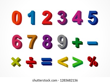 3D colorful letter 0, 1, 2, 3, 4, 5, 6, 7, 8, 9 numeral alphabet. Vector isolated colored number one to nine letters