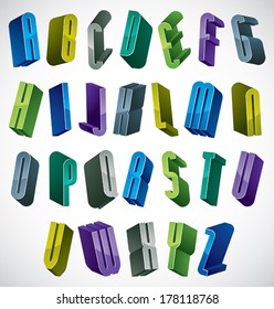 3d colorful letters alphabet, dimensional font in blue and green colors, bright and glossy letters for design and advertising.
