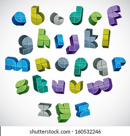 3d colorful letters futuristic alphabet made with boxes, dimensional geometric font in blue gray and green colors, bright and glossy letters for design and advertising.