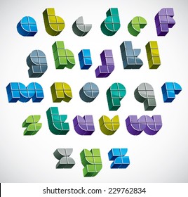 3d colorful letters futuristic alphabet made with blocks, dimensional geometric font in blue gray and green colors, bright and glossy letters for design and advertising.