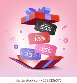 3d colorful minimal coupons inside a opened collapsed luxury gift box, isolated on white background. Special gift voucher with coupon code for discount event. 3d premium gift voucher vector