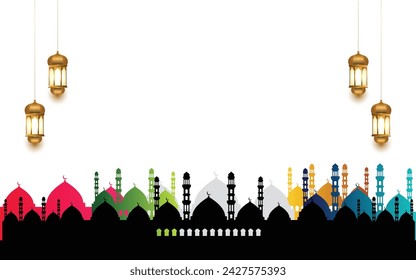 3d colorful mosque eid mubarak ramadan lantern islamic background banner ornament. Translation: "Muslim fasting month and celebration day after fasting"