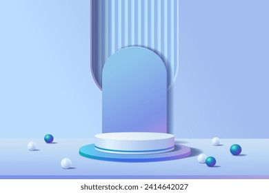 3D colorful neon lights pedestal podium with holographic futuristic scene and a backdrop of geometric abstract arched windows and a floor decorated with sphere round balls, Vector illustration