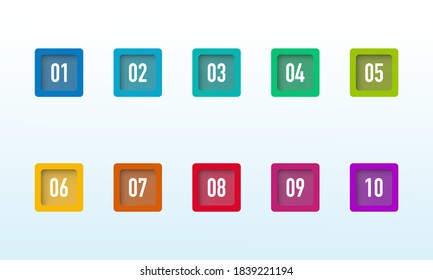 3D Colorful Number Bullet Point in square shape 1 to 10 Vector