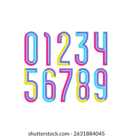 3d colorful numbers set from chiseled block, trendy slim numerals, modern beveled numbers, vector illustration 10eps.
