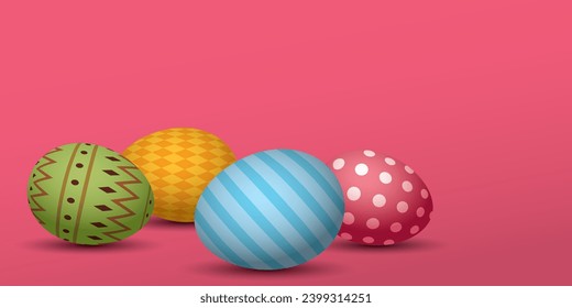 3D colorful painted eggs with pink background vector illustration. Happy Easter poster template have blankspace.