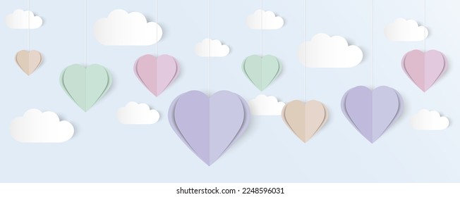 3d Papel colorido Corazones cortados con nubes. Decorativos corazones de papel colorido para cumpleaños, Día de San Valentín, boda. Conjunto de 3d Corazón de Papel para el Día de San Valentín.