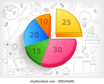 3D colorful pie chart with various statistical infographic elements for business reports and presentation.