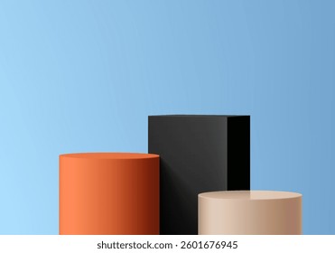 3D colorful podium background with blue wall scene. Black, orange and cream pedestal. Minimalist studio mockup. Abstract stand product display presentation, Stage for showcase. Vector platform design.