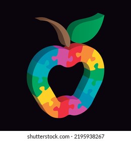 3d puzzle colorido vector de manzana aislado sobre fondo negro.