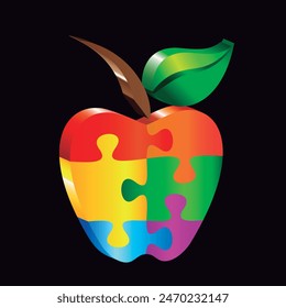 3d colorful puzzle apple vector isolated on black background.