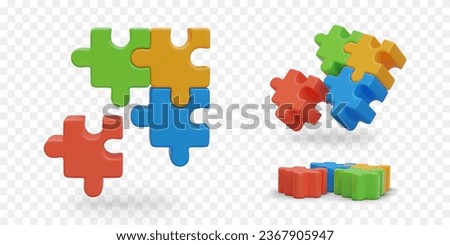 3D colorful puzzles in different positions. Selection of necessary element. Finding right solution. Symbol of solving problems. Isolated vector illustration. Business concept