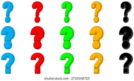 3D Colorful question marks on transparent background.