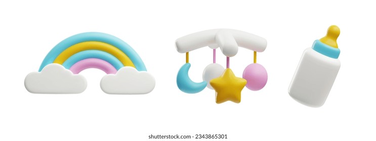 3d colorful rainbow, bottle with pacifier and carousel. Bright entertaining childrens toys and nutrition for the newborn. Plastic baby decoration. 3D render set icon. Cartoon vector illustrations