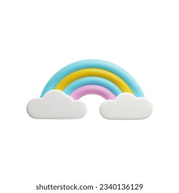 3D bunter Regenbogen mit Wolken. Helles unterhaltsames Kinderspielzeug. Plastische Babydekoration. 3D Rendering Wettersymbol. Cartoon, Vektorgrafik einzeln auf weißem Hintergrund