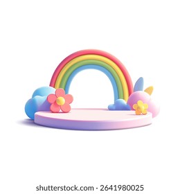 3D colorful rainbow, empty pink podium, daisies, leaves, clouds. Bright scene for advertising concepts of children's goods, toys, and products. Vector illustration.