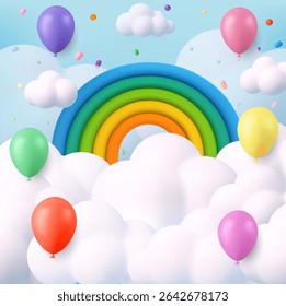 3d colorful rainbow, floating balloons, fluffy clouds, and confetti in a bright blue cartoon sky for kid banner, children's day, baby room decoration, 3D rendering. Vector illustration