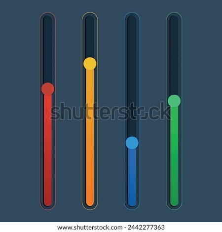 3d colorful scroll bar. Down button. Panel switch control. Website element. Web ui. 4 Red, yellow, green, blue vertical drag shape, level, scale. Software tools. Loading bar. Vector design.