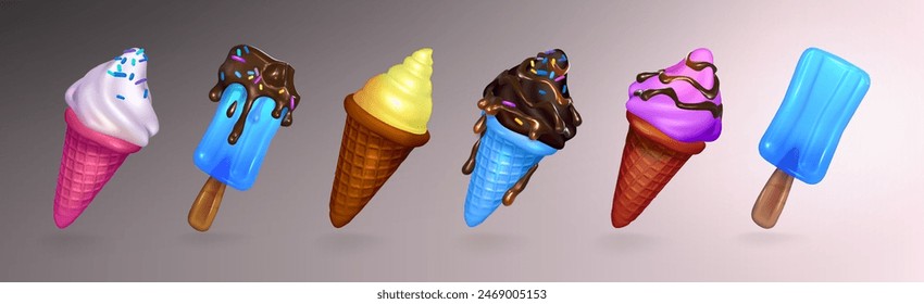 3d colorful set of ice cream in color waffle cones with vanilla .Blue fruit ice cream on the sticks with chocolate drips. 3d sweet set. Cold dessert. Vector eps 10