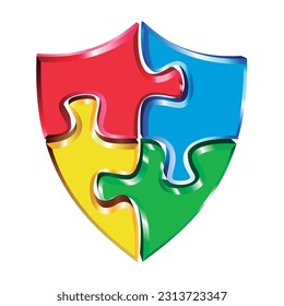 3d colorful shield four puzzle pieces vector isolated on white background.