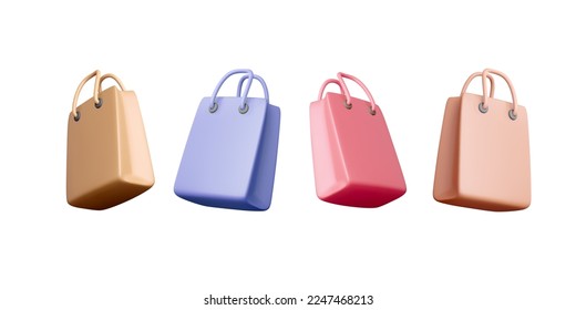 3D colorful shopping bags. Brown, blue, pink and red gift bag set. Vector illustration isolated on white