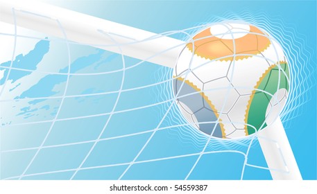 3d colorful soccer ball in the net goalpost