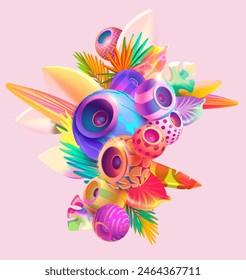 3D colorful speaker and tropical plants. Summer music poster design 