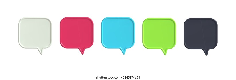 3d colorful speech bubble of different shapes. Social media icons. Balloon message for chat, dialog, talk. Chatting box, speak bubble text, talking cloud. Vector realistic illustration