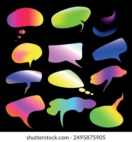 3d colorful speech bubbles in color gradients isolated on black background. Vector illustration