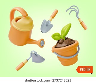 3d Colorful Sprout in a Bucket and Tools Agricultural and Garden Concept Cartoon Design Style. Vector illustration