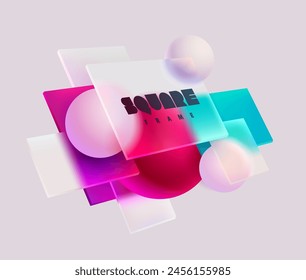 3D colorful squares and balls in glass morphism style. Transparent frame for text with geometric shapes.