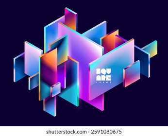 3D colorful squares and rectangles. Abstract geometric background of glass Isometric shape.