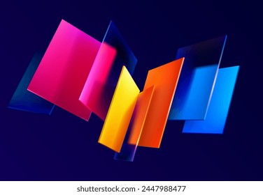 3D colorful squares and rectangles. Art geometric shapes in glass morphism style. Abstract vector design elements.