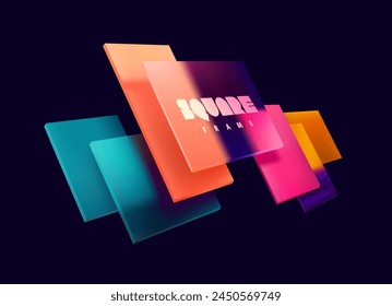 3D colorful squares and rectangles in glass morphism style. Transparent frame for text with geometric shapes. Abstract vector design elements.