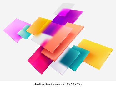 3D colorful squares and rectangles in glass morphism style. Transparent frame for text with geometric shapes. Abstract vector design elements.