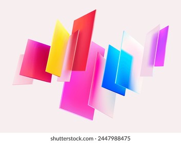 3D colorful squares and rectangles on white background. Art geometric shapes in glass morphism style. Abstract vector design elements.