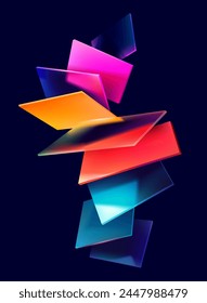 3D colorful squares and rectangles on dark background. Art geometric shapes in glass morphism style. Abstract vector design elements.