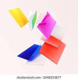 3D colorful squares and rectangles on white background. Art geometric shapes in glass morphism style. Abstract vector design elements.