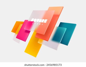 3D colorful squares and rectangles on white background. Art geometric shapes in glass morphism style. Abstract vector design elements