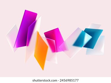 3D colorful squares and rectangles on white background. Art geometric shapes in glass morphism style. Abstract vector design elements