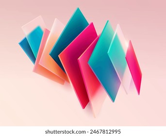 Cuadrados y rectángulos coloridos 3D sobre fondo claro. Formas geométricas de arte en estilo de morfismo de vidrio. Elementos de diseño Abstractas de Vector.