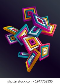 3D colorful striped squares on dark background. Art geometric shapes.