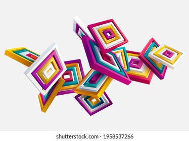 3D colorful striped squares on white background. Art geometric shapes.