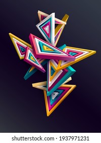 3D colorful striped triangles on dark background. Art geometric shapes.