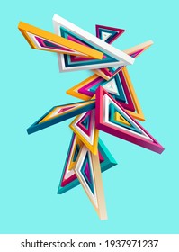 3D colorful striped triangles on blue background. Art geometric shapes.