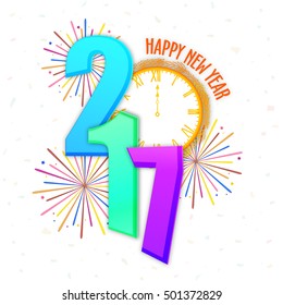 3D colorful text 2017 with clock showing midnight time on fireworks background. Creative vector illustration for Happy New Year celebration.