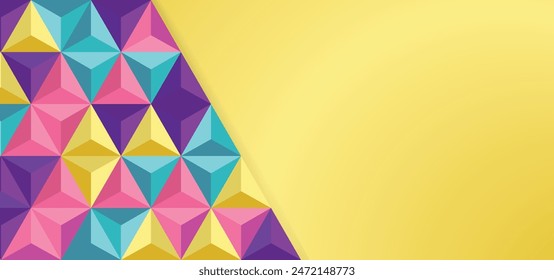 3d colorful triangles background, abstract geometric 3D Triangle Mosaic in blue, pink, yellow and violet colors, colorful , engaging wallpaper, banner, design template