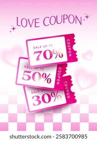 3d colorful valentine coupons inside a transparent pink envelope, isolated on background with heart icons flying around. Love gift voucher banner template with coupon code in 3d vector.