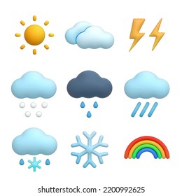 3D colorful weather vector icons set. Sun, clouds, lightning, thunderstorm, hailstones, storm, rain, snow with rain, winter, snowflake, rainbow. Isolated objects on a white background. Eps10 vector